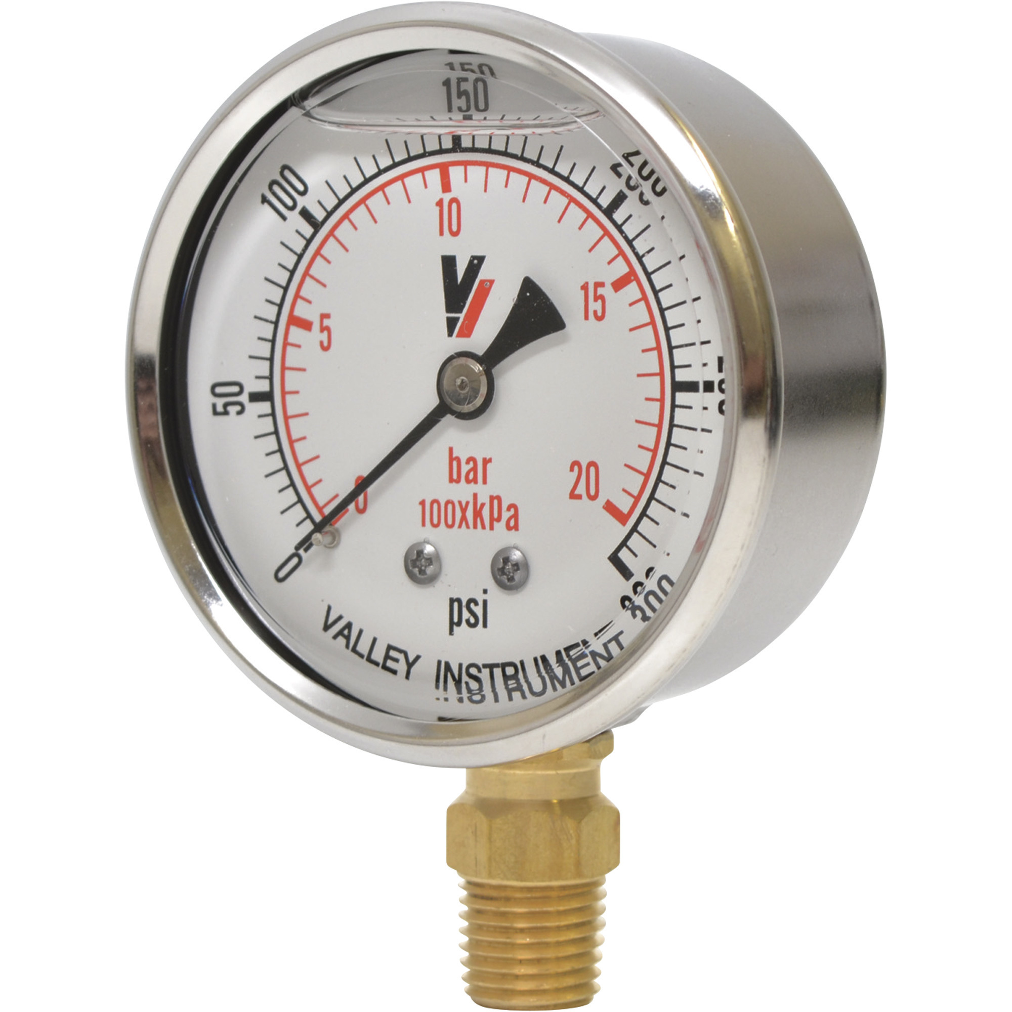 Valley Industries, 2.5in. Bottom Mt Gauge 300PSI, Case Material Stainless Steel, Min. Operating Pressure 0 PSI, Max. Operating Pressure 300 PSI, Model# 2140GXB300